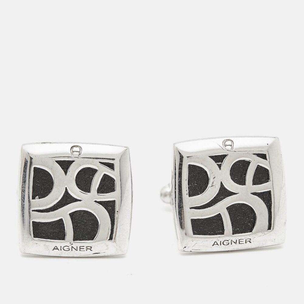 Aigner Logo Leather Silver Tone Cufflinks
